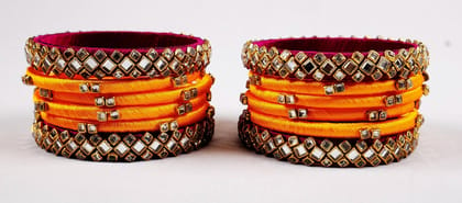 Set of 12, Pink and Yellow Silk Thread Bangles with Kundan Stones