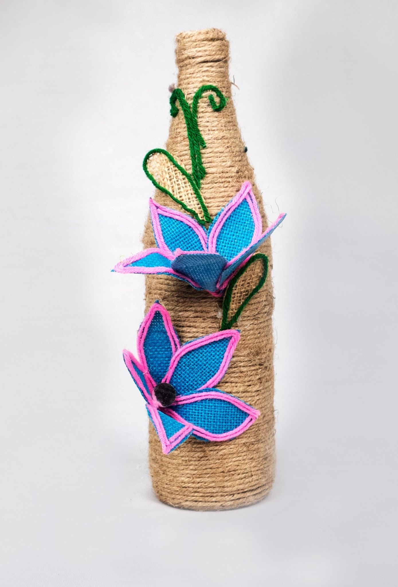  Rustic Burlap Wrapped Glass Bottle with Hand-Embroidered Flowers