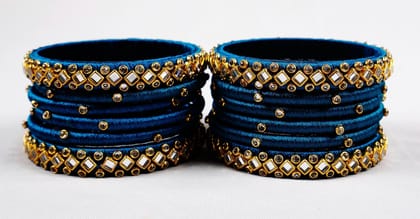 Set of 12 Silk Thread Bangles with Kundan Stones in Peacock Blue