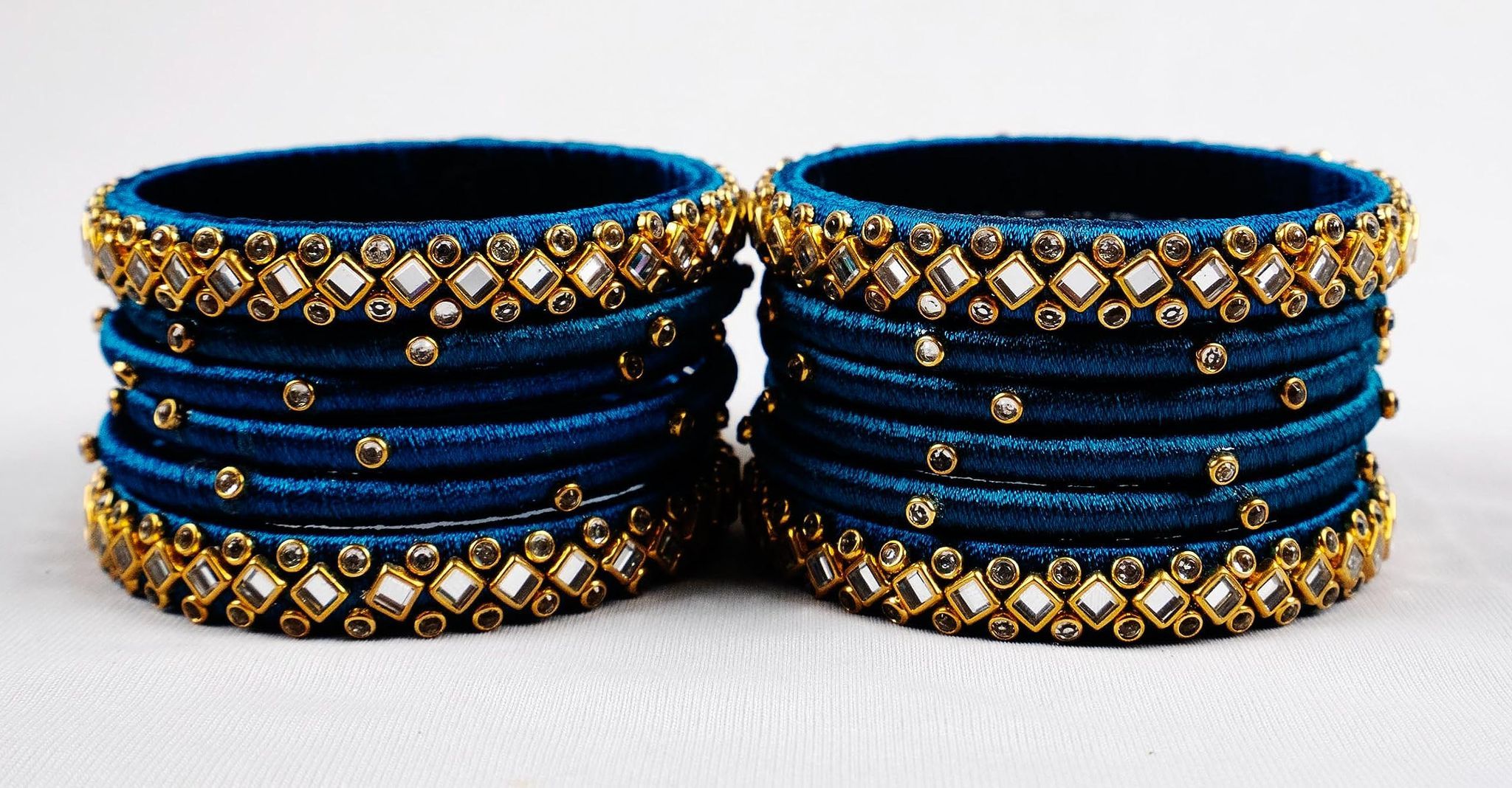 Set of 12, Blue Silk Thread Bangles with Rhinestone Accents