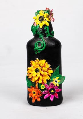  Hand painted black bottle vase with sunflowers and flowers