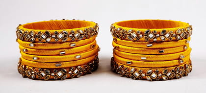  Yellow Silk Thread Bangle Set with Stone Work