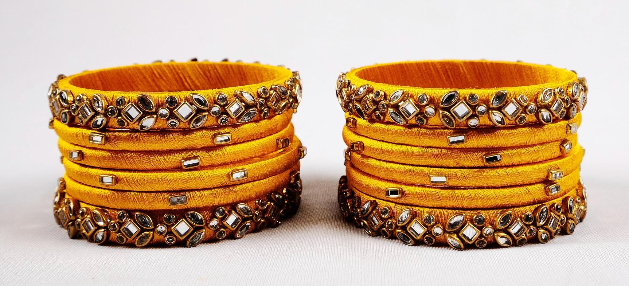  Yellow Silk Thread Bangle Set with Stone Work