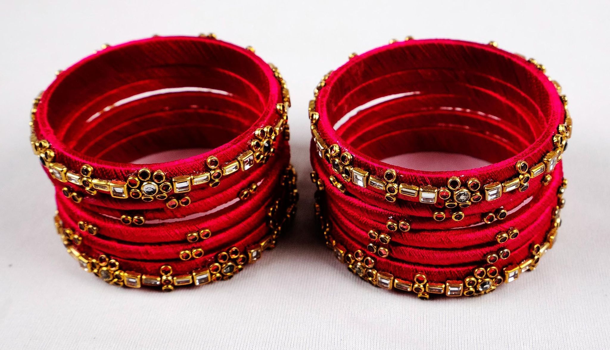 Silk Thread Bangles Set of 12, Red and Gold,