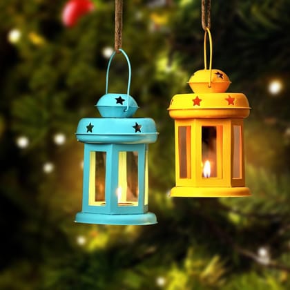 Sky Vibes Studios Set of 2 Hanging Lantern Tealight Candle Holder for Dining Table Home Decorations - Decorations Items for Home Decor and Gifts (Yellow and Blue)