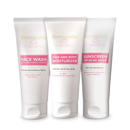 Derma Puritys 3-in-1 Skincare Combo - Gentle Face Wash (100 ml), SPF 50 Sunscreen (100 ml), and Hydrating Face & Body Moisturizer (100 ml), For all skin types