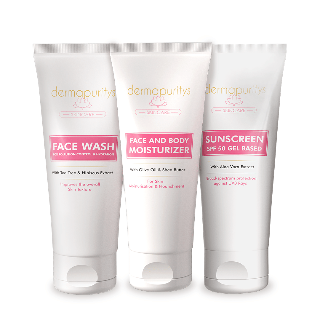 Derma Puritys 3-in-1 Skincare Combo - Gentle Face Wash (100 ml), SPF 50 Sunscreen (100 ml), and Hydrating Face & Body Moisturizer (100 ml), For all skin types