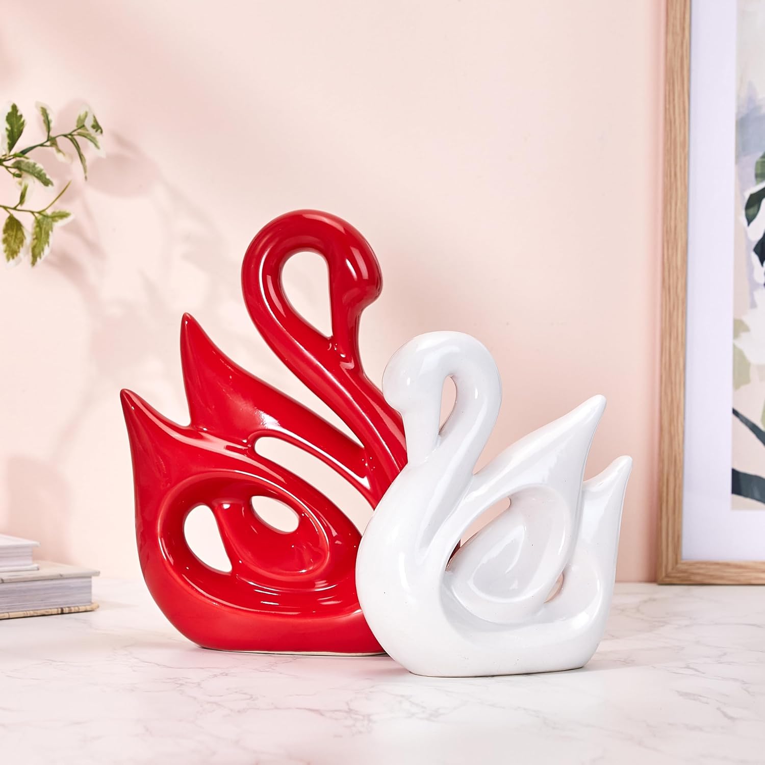 Chitrani Handicraft Happy Swan Couple Piano Finish Ceramic Figures for Home Decor (Set of 2 Pieces, Large, White & Red)