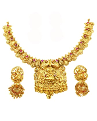  "Stunning Antique Gold Plated Ruby Stone Necklace Set with Earrings for Women"