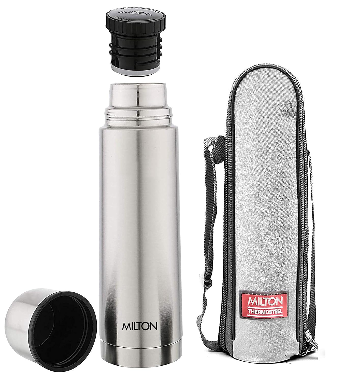 Milton Thermosteel Vacuum Insulated Bottle with normal Lid, 1000 ml, Silver