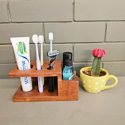 BARISH - Tooth Brush Holder | Small & Compact Design | Handcrafted with Rubberwood | Fashionable Bathroom Organiser | 3.75 x 8 x 4.25 Inches