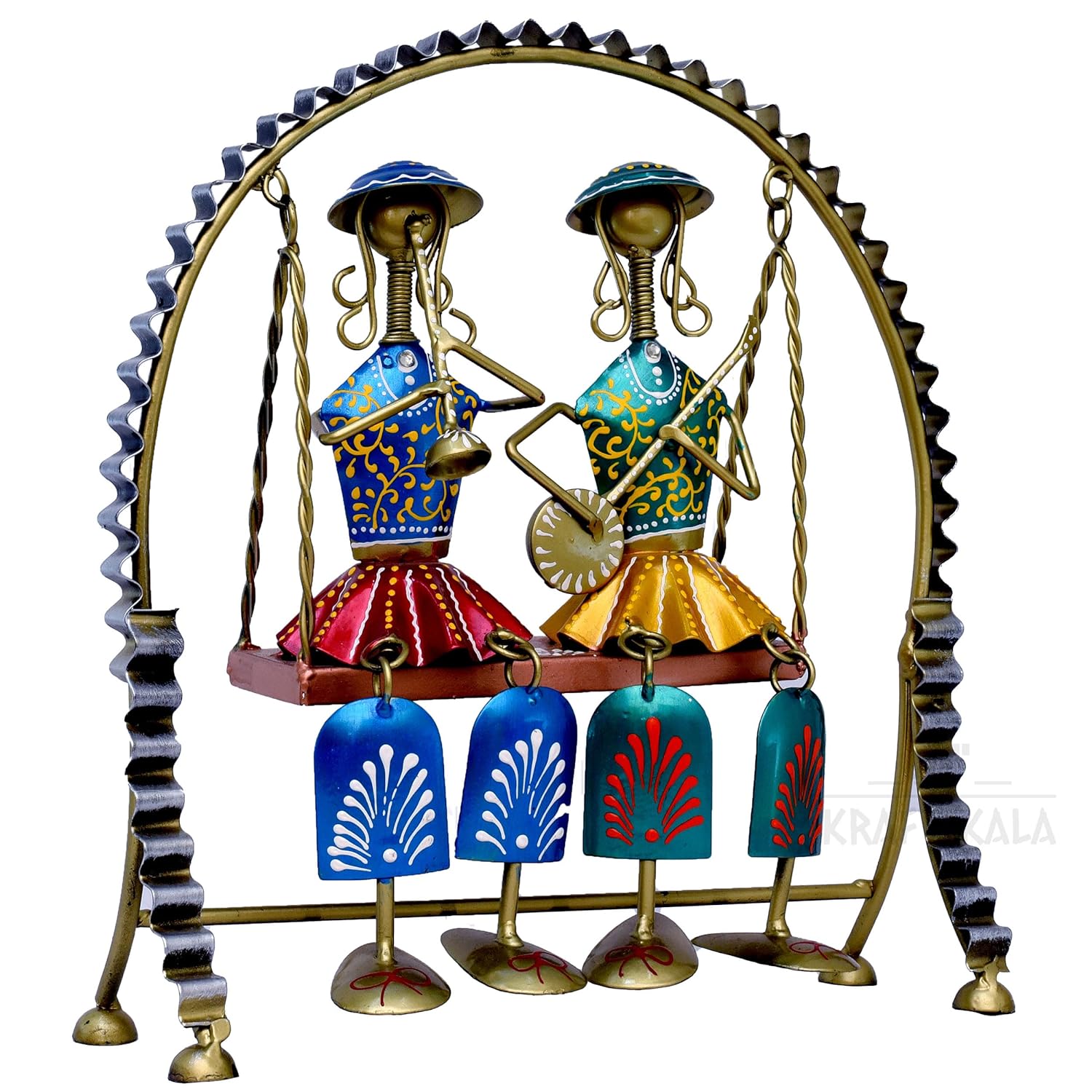 Chitrani Handicraft Rajasthani Home Decor Swing Set with 2 Dolls, 12 Inch Metal Handicraft Jhula Decorative Showpiece for Living Room, Center Table, Multicolour