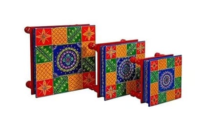 Vijay Art - Wooden Chowki puja bajot Kalash Designed for Home & Office Decor for Pooja - Multicolor (Set of 3) (Design-3)