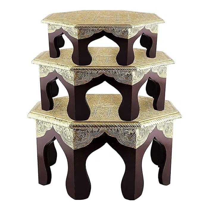 Vijay Art -  Wooden Brass Octagonal Chowki Set Traditional Bajot Stool with Intricate Paint for Sitting or Puja Purpose (12 Inch)