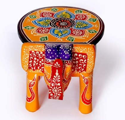 Vijay Art - Wooden Elephant Stool, Puja Stool and Planter Stand for Home Decor/Living Room/Bedroom/Kitchen/Balcony and Office Stool, Embossed Painted, Elephant Shape (Gold)