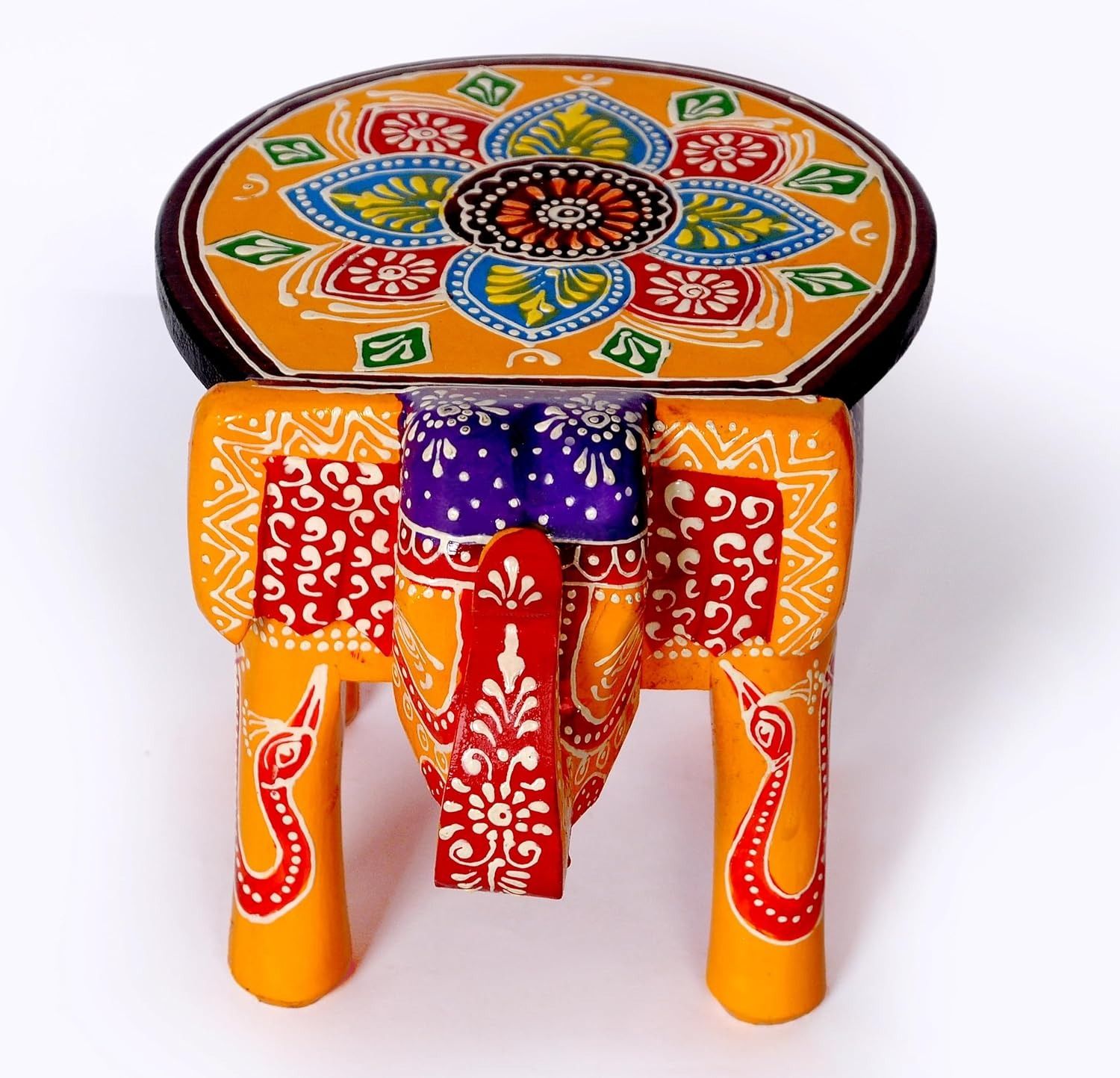 Vijay Art - Wooden Elephant Stool, Puja Stool and Planter Stand for Home Decor/Living Room/Bedroom/Kitchen/Balcony and Office Stool, Embossed Painted, Elephant Shape (Gold)