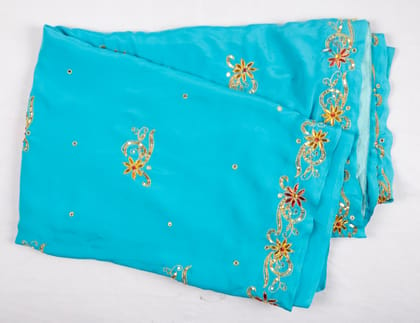  Turquoise Georgette Saree With Embroidery Work