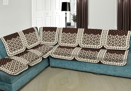 Premium L Shape 6 Seater Velvet Chenille Sofa Cover Set, 12 Pieces Printed Sofa Back Covers, Slip Cover 3, 2, 1 Seater Sofa Cover, Coffee(Pack of 6)