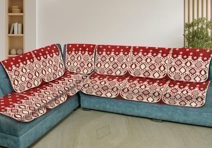 Premium L Shape 6 Seater Velvet Chenille Sofa Cover Set, 12 Pieces Printed Sofa Back Covers, Slip Cover 3, 2, 1 Seater Sofa Cover, Mehroon (Pack of 6)