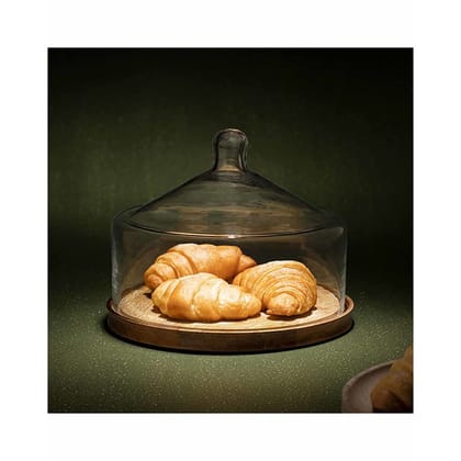 Ellementry Leaf Glass Cloche with Wooden Base, 27 x 27 x 20 cm, Clear