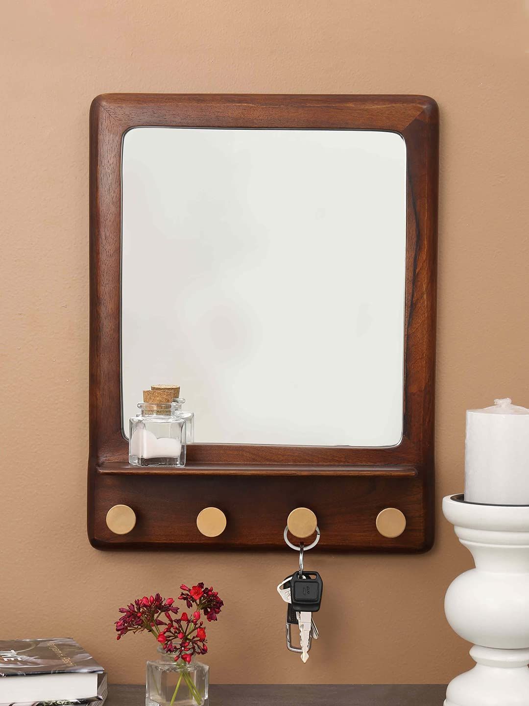 Ellementry Ebony Square Mirror with Shelf & Hooks