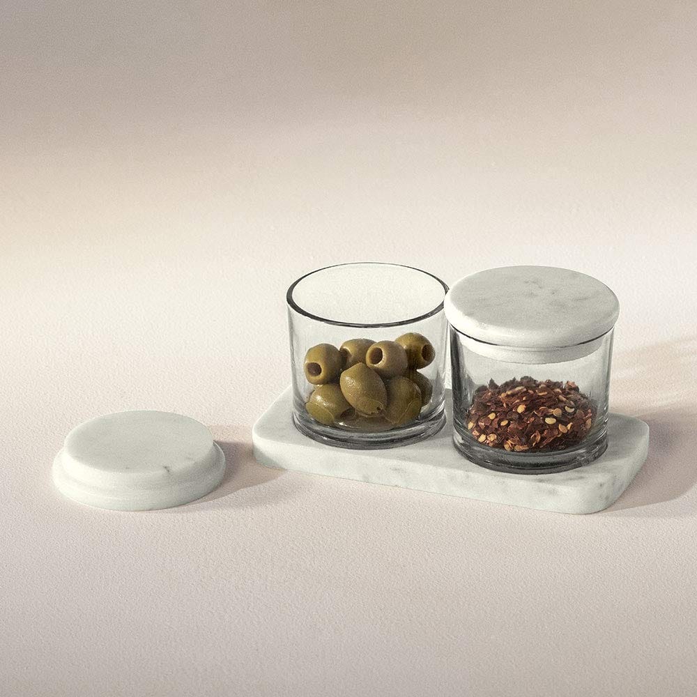 Ellementry, Amuc, Glass Condiment Set With Marble Base And Lid, Measures 6.5 Inch Length x 3 Inch Width x 3.5 Inch Height, Clear