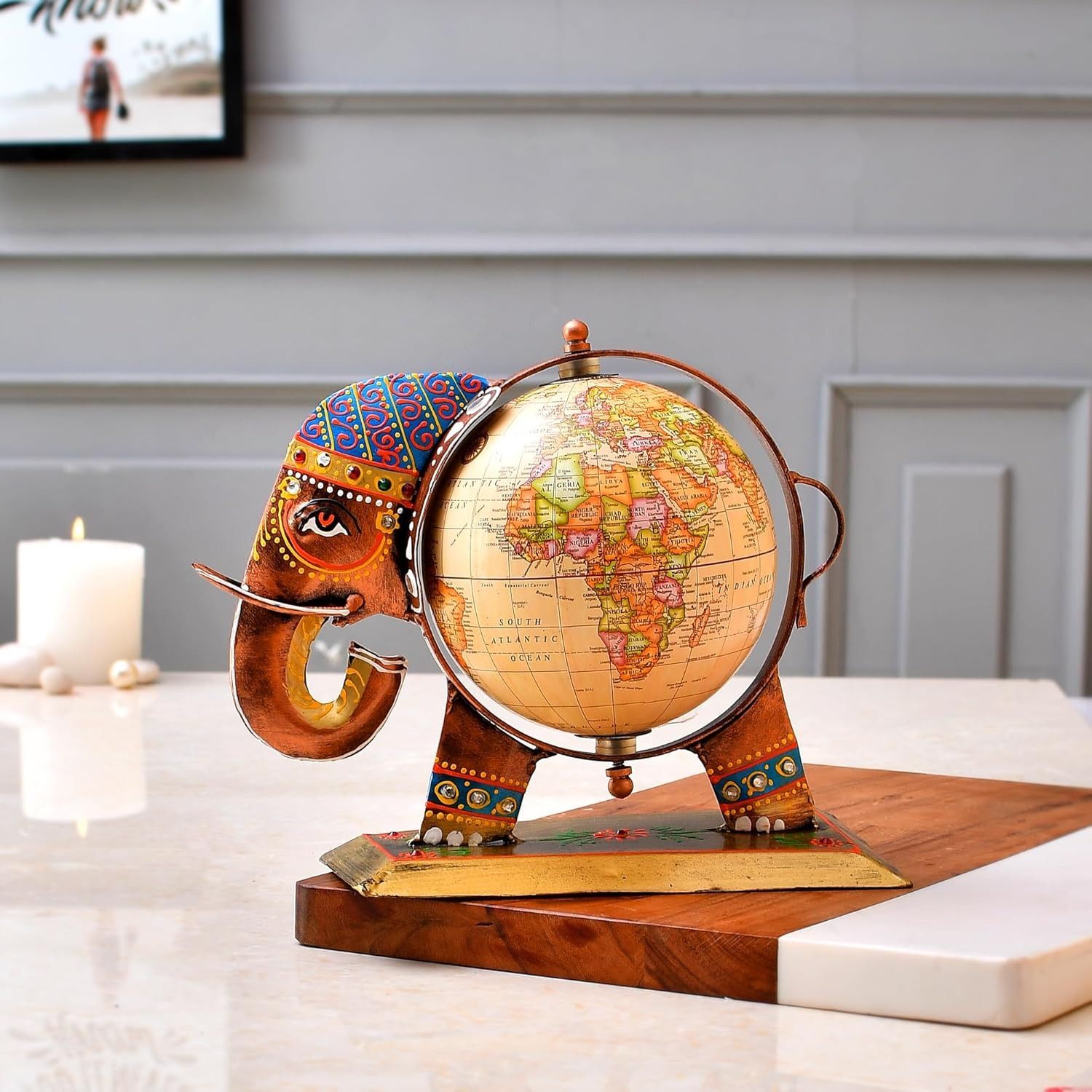 The Natural Art and Craft -  Iron Elephant Globe Showpiece, Handmade Decorative Show Pieces for Home Decor & Showcase Items for Home Decoration & Table Decor (Length 9.5 inches, Width 5 inches, Height 7.5 Inches)