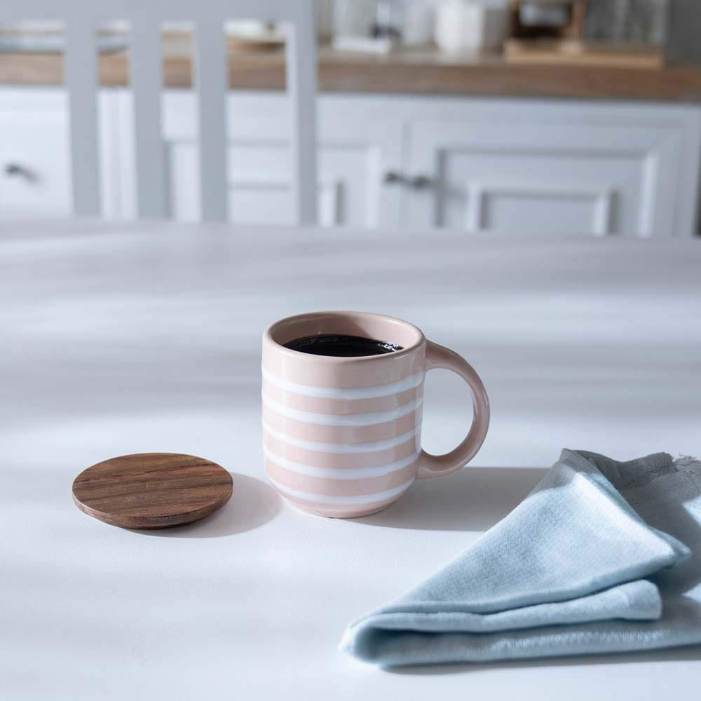 Ellementry Ceramic Mug Stripes with Wooden lid Blush