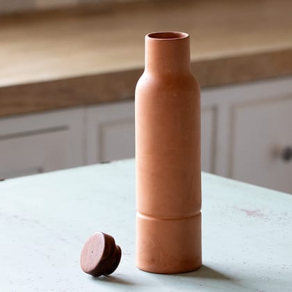 Ellementry Terracotta Bottle With Wooden Lid (750 ml) | Bottle for Fridge, Storage, Juice & Water| Clay Bottle for School/Outdoor/Gym/Home/Travel/Office/Boys/Girls |BPA Free