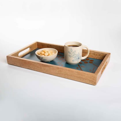 Ellementry Vine Wooden Tray, 16'' x 9'' x 1.5'', Blue