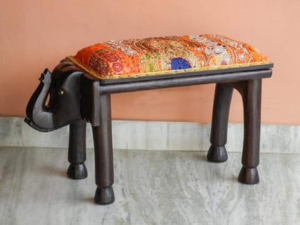 Aaradhya Creations - Wooden Elephant Ottoman Low Seat Stool Footstool Chair Handmade Indian Ethnic Style