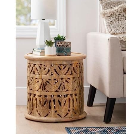 Aaradhya Creations - Carved Sofa Side Table | Wooden End Table for Bedroom | Side Table for Living Room | Round Side - End Table (Brown)