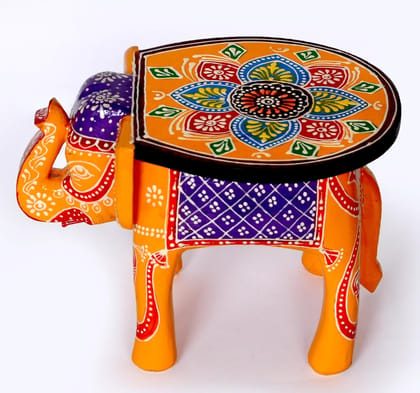 The wood good - Wooden Elephant Stool, Puja Stool and Planter Stand for Home Decor/Living Room/Bedroom/Kitchen/Balcony and Office Stool, Embossed Painted, Elephant Shape (Gold)