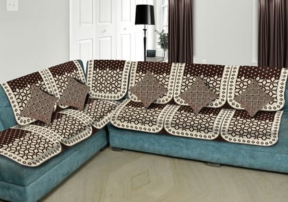 Premium Velvet L Shape Sofa Covers Set with 5 Cushion Covers, 6 Seater Sofa Slip Protector Covers for Living Room Décor,Coffee (Pack of 11)