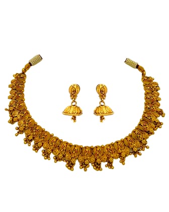  Gold Plated Traditional Ethnic Temple Kemp Necklace Set With Earrings For Women