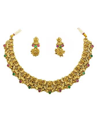  Gold-plated, antique finish, temple jewellery necklace set with rubies and emeralds