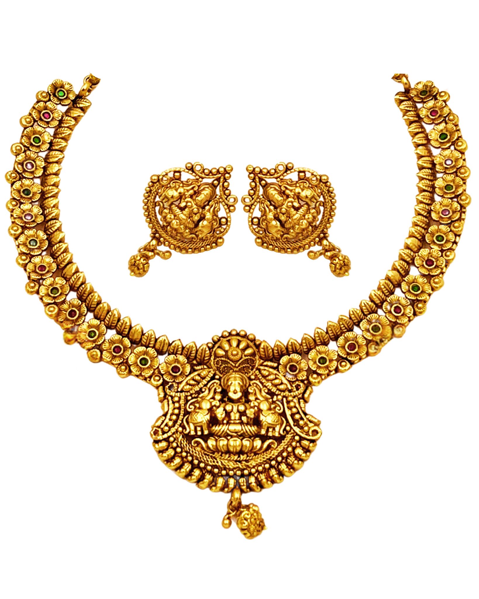  Gold-plated, antique finish necklace set with intricate detailing and green stones.