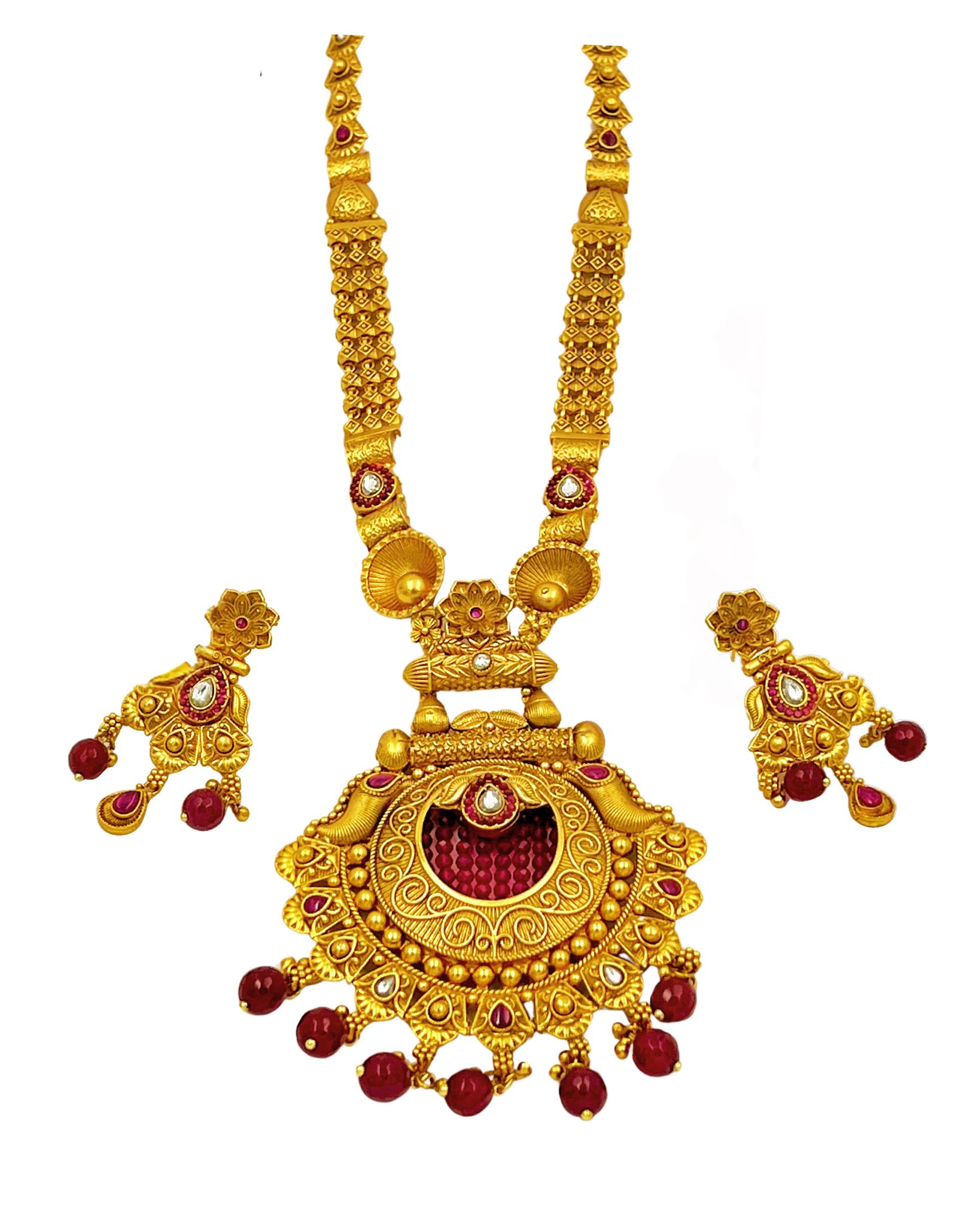  Bridal Gold Plated Traditional Long Necklace Set With Earrings For Women