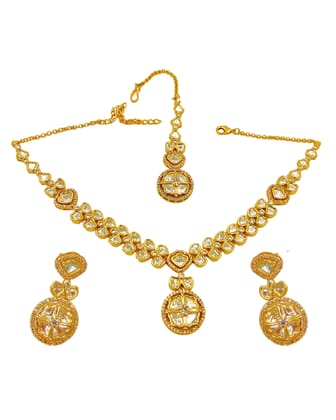  Bridal Wedding Gold Plated Kundan Meenakari Necklace Set with Earrings and Maangtikka for Women