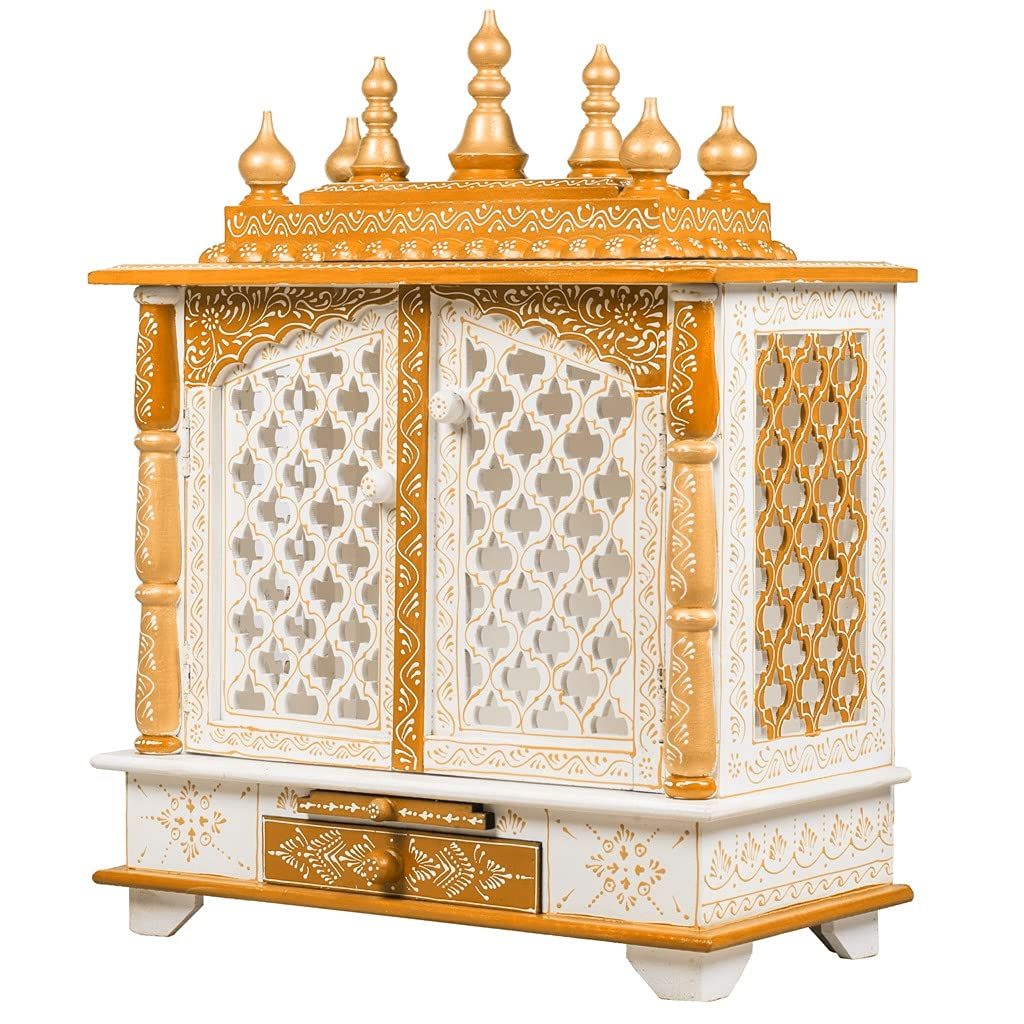 Maa Kripa Art And Craft - Wooden Temple Home Temple Pooja Mandir Pooja Mandap Temple (White & Orange), 28 Centimeters, 11 Centimeters