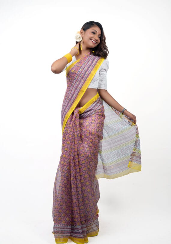 Hand Block Printed Pure Kota Doria Saree - Atulya Karigari