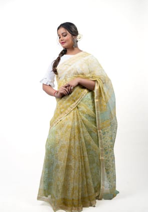 Lemon yellow Hand Block Printed Pure Kota Doria Saree - Atulya Karigari