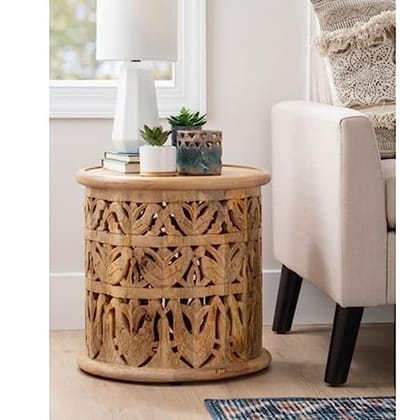 Mahaveer Art and Crafts - Wooden Carved Sofa Side Table | Wooden End Table for Bedroom | Side Table for Living Room | Round Side - End Table (Brown)