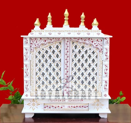 Mahaveer Art and Crafts - Hand-Painted Wooden Home Temple/Pooja mandir with Doors and Side LED Lights (Color White & Red Big Size) Large Size- 24x12x30 Inch