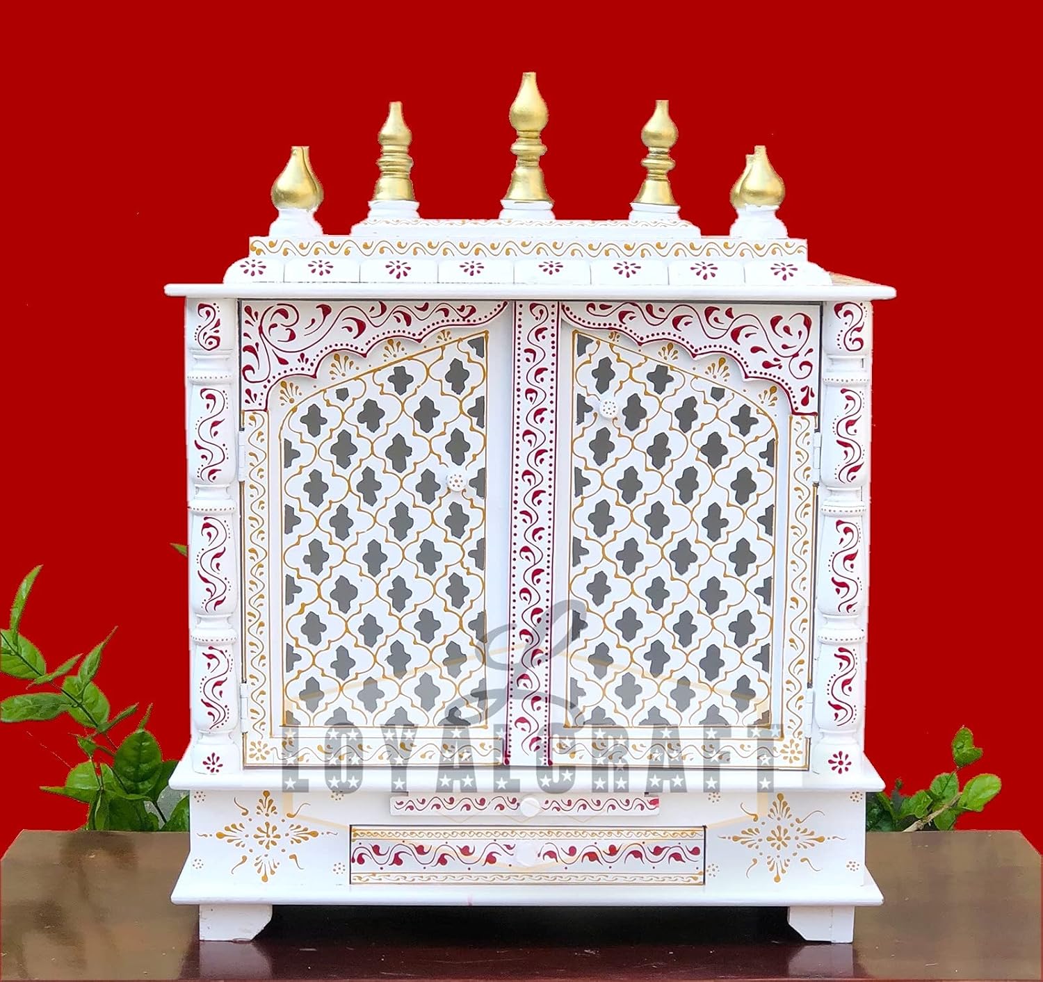 Mahaveer Art and Crafts - Hand-Painted Wooden Home Temple/Pooja mandir with Doors and Side LED Lights (Color White & Red Big Size) Large Size- 24x12x30 Inch