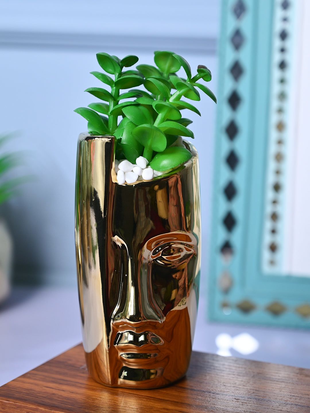 Golden Serenity - Face Design Artificial Plant with Pot