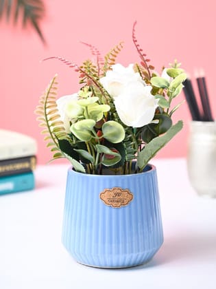 Market99 White Rose Flower With Blue Pot