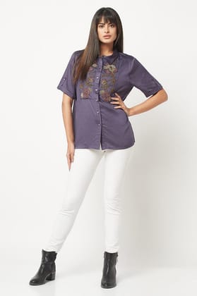 Purple Embellished Satin Shirt