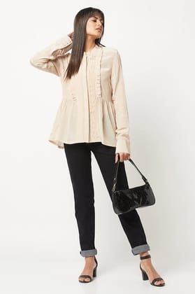 Beige Pleated Silk Shirt