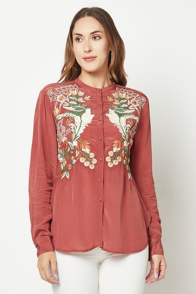 Rust Embroidered Silk Shirt